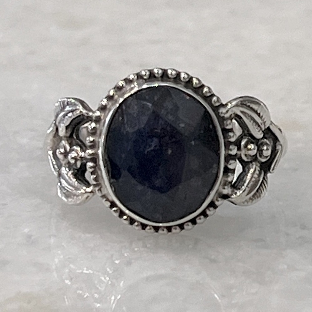 Blue Sapphire Sterling Silver Floral Dot Design Ring Sz 8